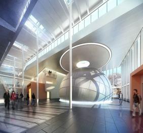 rendering of 3 story entry atrium including the planetarium