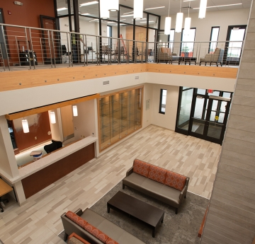 Alumni Center Lobby with 2 floors benches and seating