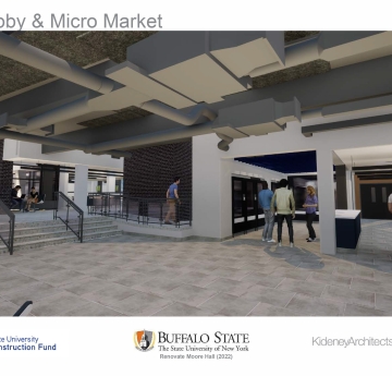 Architectural rendering of an interior space labeled "Lobby & Micro Market" with people walking and standing near a staircase.