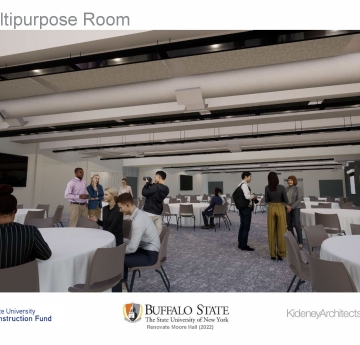 This is an architectural rendering of a multipurpose room with round tables, chairs, a patterned carpet, projector screen, and television, where people are standing and sitting.