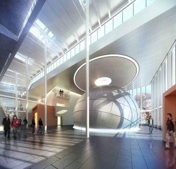 rendering of 3 story entry atrium including the planetarium