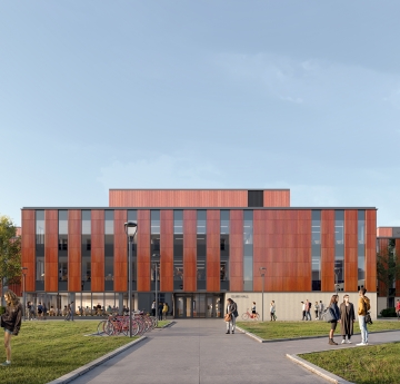 A wide, eye-level architectural rendering of a modern, multi-story building with reddish-brown and black vertical panels, viewed from a paved walkway lined with trees and people walking.