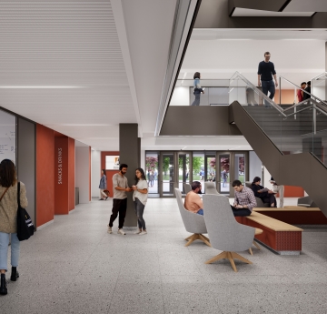 Architectural rendering of a modern building interior with people walking and sitting in a hallway with stairs, and glass walled study room.