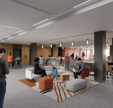 Architectural rendering of a modern interior space with people socializing and working in a lounge area with couches and tables.